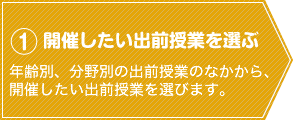 ①開催したい出前授業を選ぶ：年齢別、分野別の出前授業のなかから、開催したい出前授業を選びます。