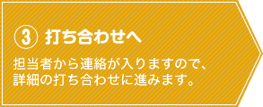 ③打ち合わせへ：担当者から連絡が入りますので、詳細の打ち合わせに進みます。